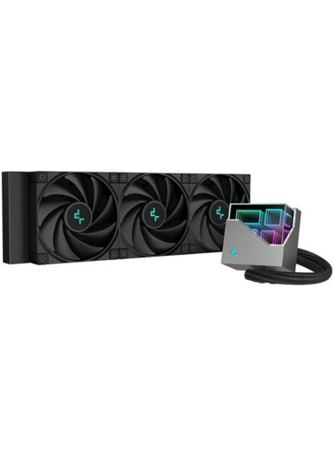 DeepCool LT720 high performance liquid CPU cooler provides strong heat dissipation power with a 360mm radiator, three precision tuned FK120 fans, and a multidimensional infinity mirror top cap. - Image 2